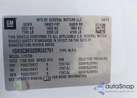 2013 Chevrolet Tahoe Lt z USA, uszkodzony, nr VIN 1GNSCBE02DR302791